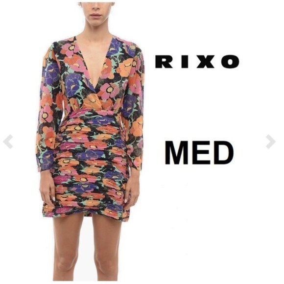RIXO FLORALPRINTED EMPIRE MINI DRESS WITH GLITTER M - Picture 2 of 14